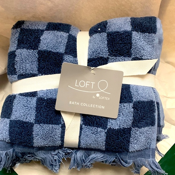 2 contemporary blue check cotton hand towels set all plush cotton loft - Picture 1 of 4